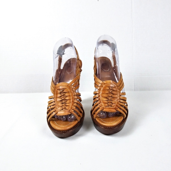 Frye Joy Huarache Platform Sandals Size 7.5 Braided Woven Leather Heels Brown - Picture 2 of 8
